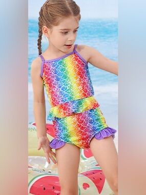 New-6-7 Y 
Fun Rainbow Mermaid Scale 
Two-Piece Tankini &  Purple Ruffle Trim